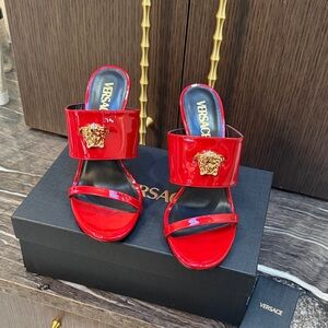Versace Dark  Red Heeled Sandals with Medusa Emblem New 9